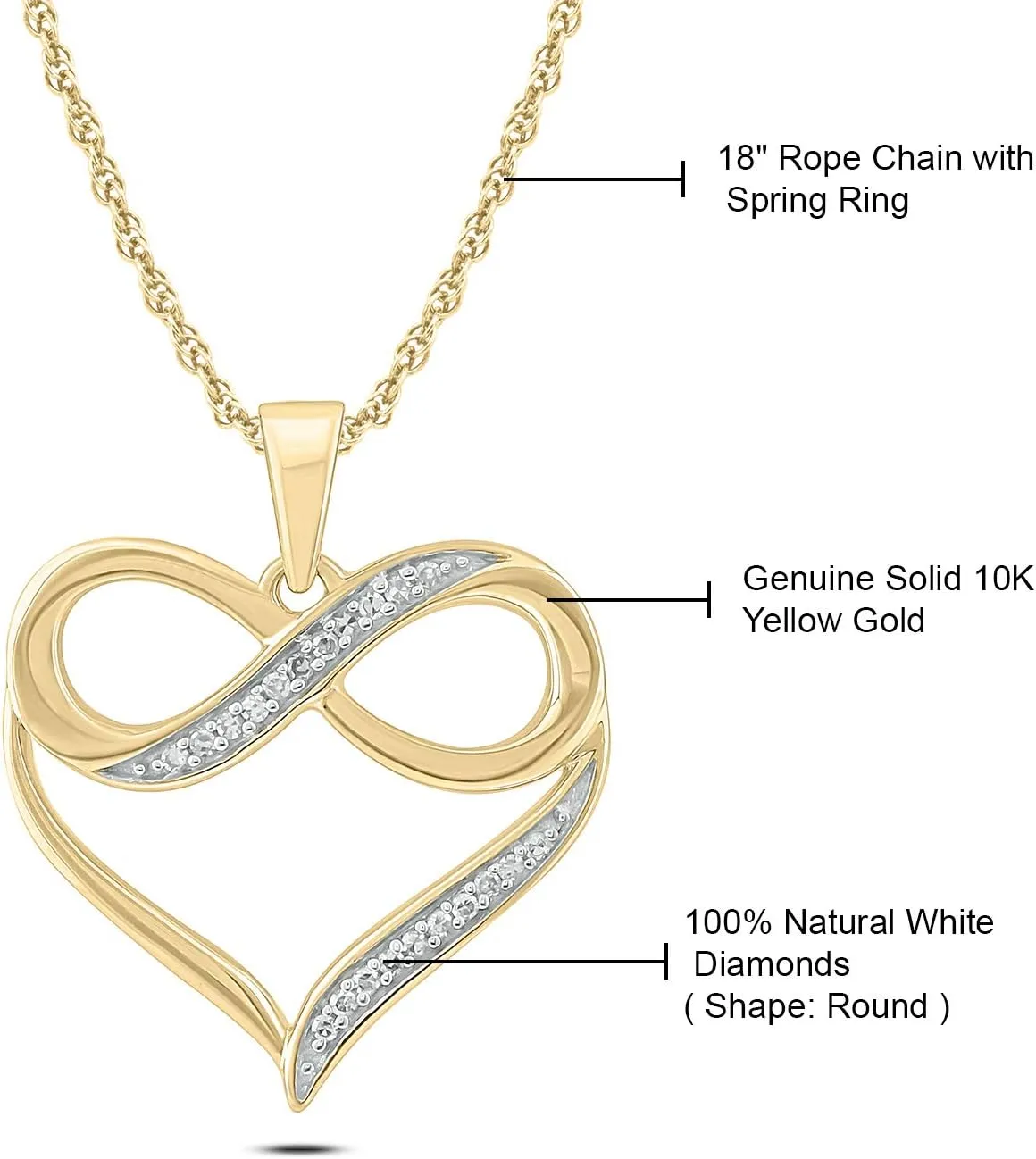 Cali Trove 1/4ct & 1/20 ct Natural Diamond Infinity Heart Pendant Necklaces for Women in 10KT Gold | Diamond Heart Pendants for Women | 10KT Jewelry Gifts for Her in White, Yellow or Pink Gold
