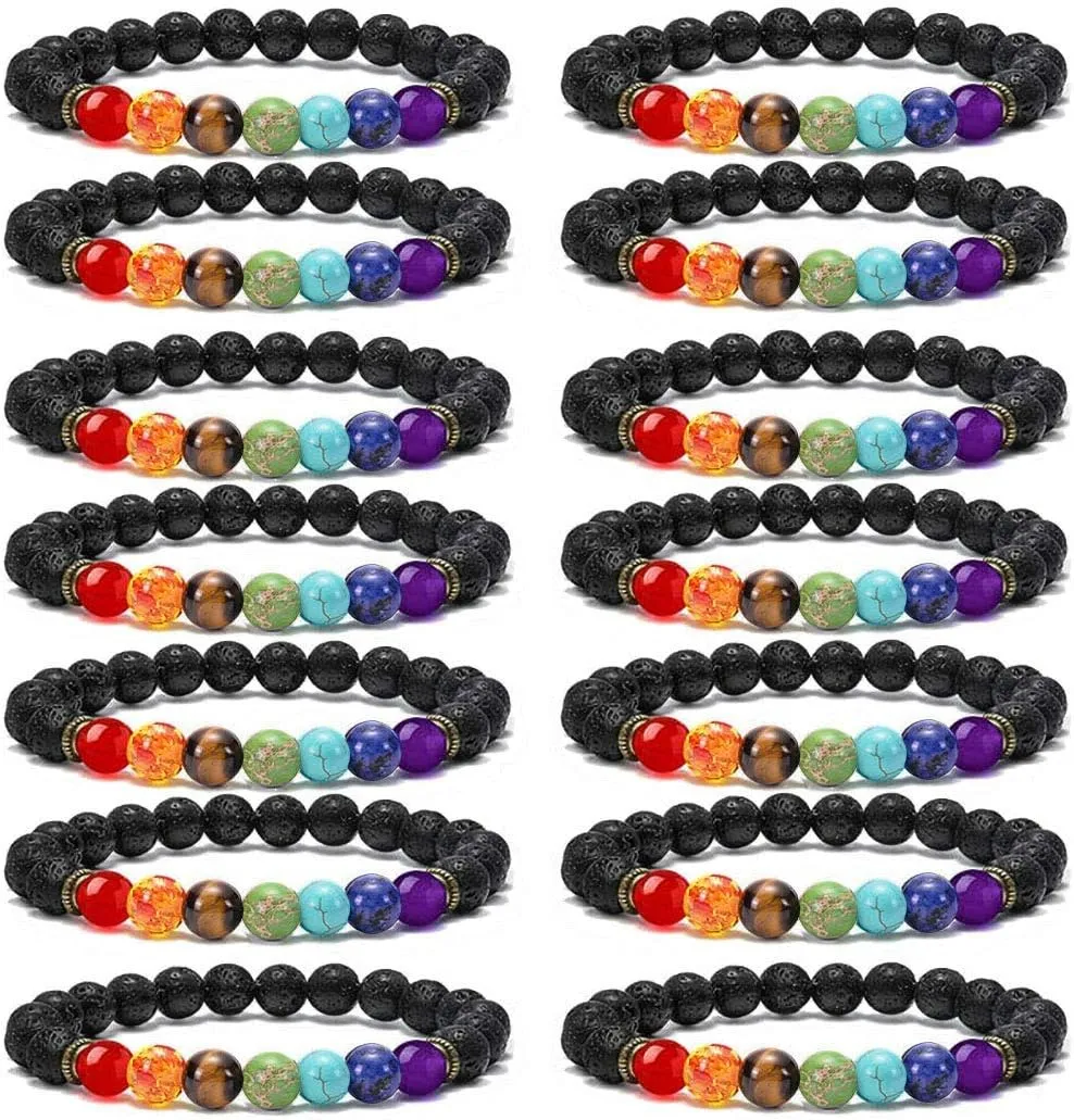 CASDAN 2-14 Pcs 8mm Lava Stone Bracelet for Women Men 7 Chakra Aromatherapy Essential Oil Diffuser Bracelet Natural Stone Beads Yoga Bracelet