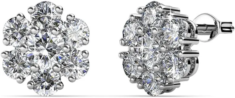 Cate & Chloe Maggie Pure White Gold Stud Earrings, 18k Gold Plated Studs with Crystal Flower Cluster, Silver Stud Earring Set with Round Cut Crystals