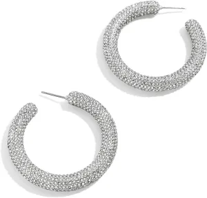 Celeste Pave Hoop Earrings  Glam Chunky Cubic Zirconia Open Hoop Earrings Encrusted w/Pave Glass Stones, Hypoallergenic Earrings for Women, Silver-Colored Hoops, Women's Fashion Jewelry