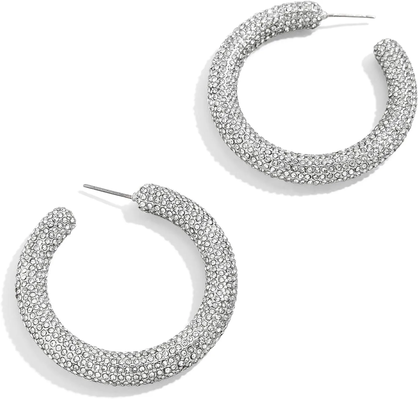 Celeste Pave Hoop Earrings  Glam Chunky Cubic Zirconia Open Hoop Earrings Encrusted w/Pave Glass Stones, Hypoallergenic Earrings for Women, Silver-Colored Hoops, Women's Fashion Jewelry