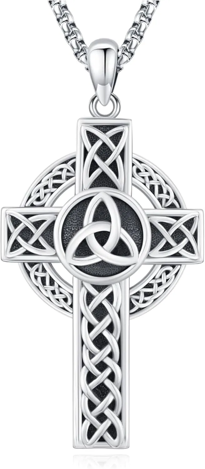 Celtic Cross Necklace Sterling Silver Irish Knot Claddagh Cross Pendant Jewelry for Men with 22" 2" Box Chain