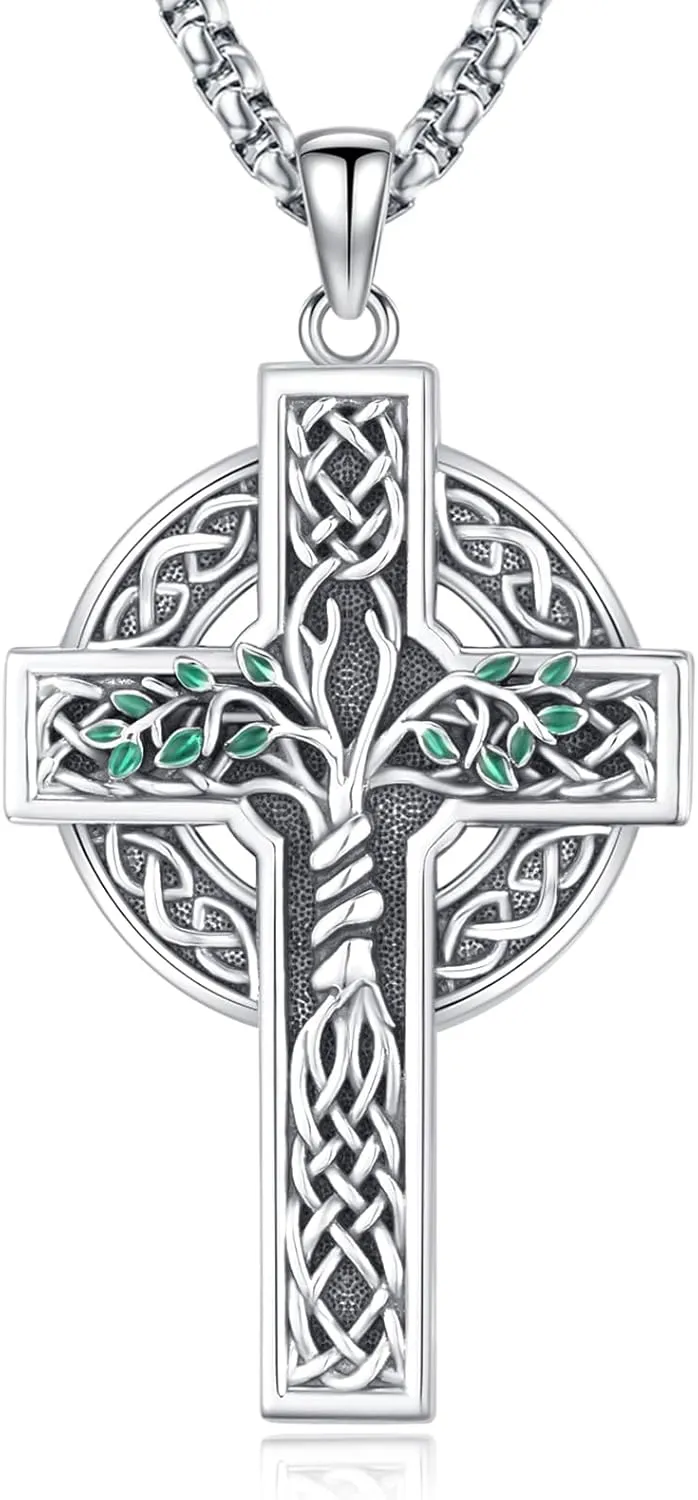 Celtic Cross Necklace Sterling Silver Irish Knot Claddagh Cross Pendant Jewelry for Men with 22" 2" Box Chain