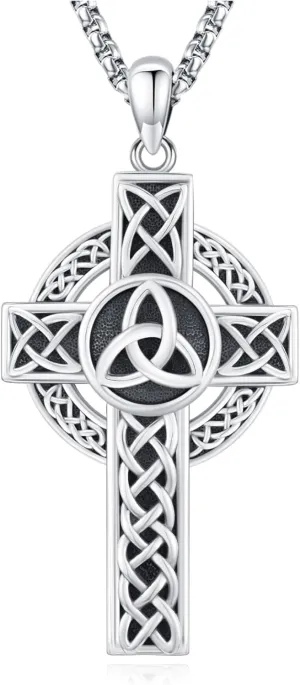 Celtic Cross Necklace Sterling Silver Irish Knot Claddagh Cross Pendant Jewelry for Men with 22" 2" Box Chain