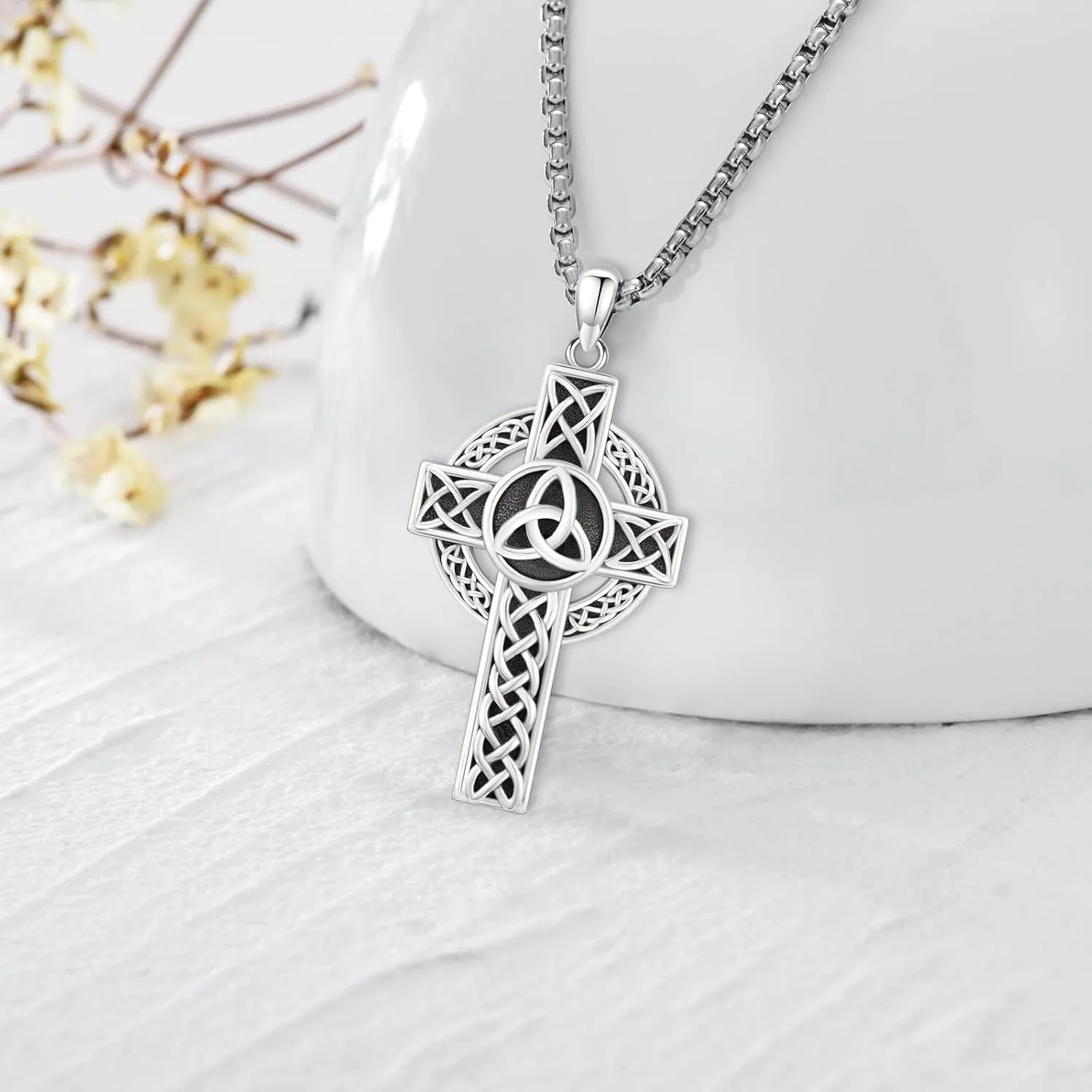 Celtic Cross Necklace Sterling Silver Irish Knot Claddagh Cross Pendant Jewelry for Men with 22" 2" Box Chain