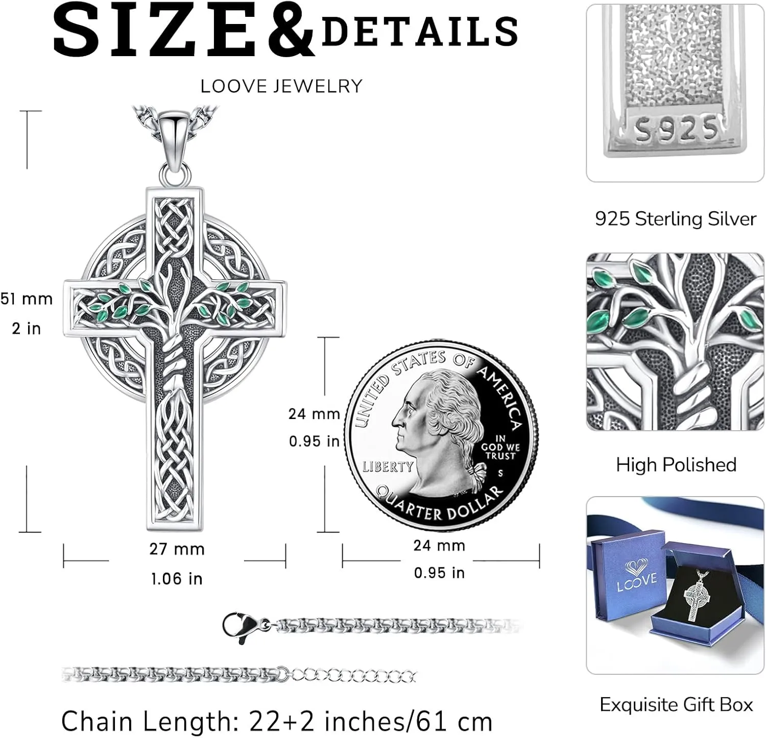 Celtic Cross Necklace Sterling Silver Irish Knot Claddagh Cross Pendant Jewelry for Men with 22" 2" Box Chain