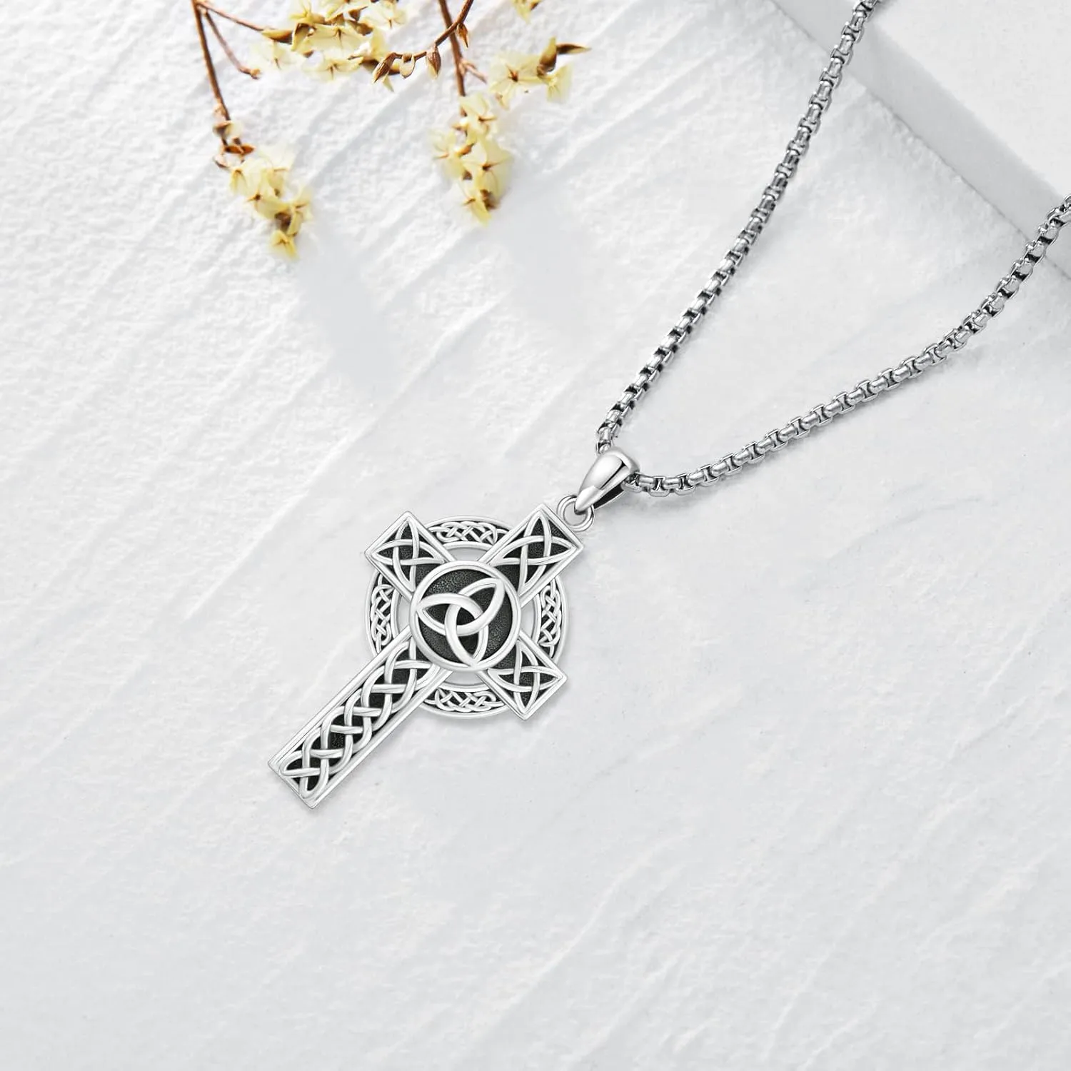 Celtic Cross Necklace Sterling Silver Irish Knot Claddagh Cross Pendant Jewelry for Men with 22" 2" Box Chain