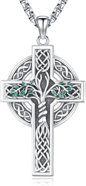 Celtic Cross Necklace Sterling Silver Irish Knot Claddagh Cross Pendant Jewelry for Men with 22" 2" Box Chain