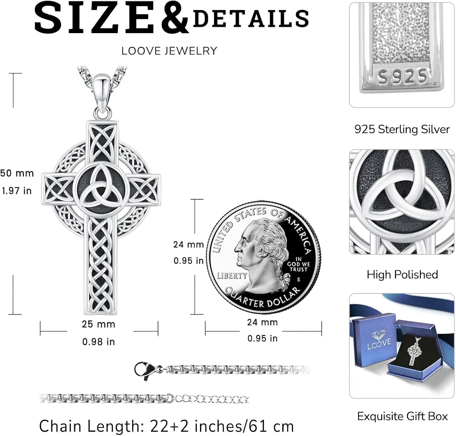 Celtic Cross Necklace Sterling Silver Irish Knot Claddagh Cross Pendant Jewelry for Men with 22" 2" Box Chain