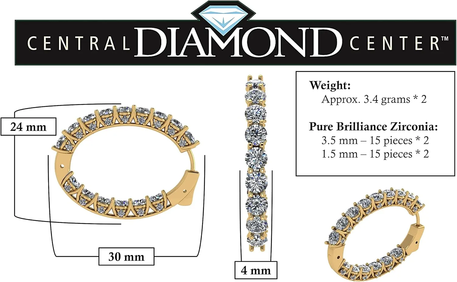 Central Diamond Center Zsa Zsa Oval Hoop Earrings Solid 925 Sterling Silver w/Pure Brilliance Zirconia, Simulated Diamond Hoops