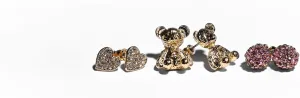 Charming Charlie 3 Pairs of Gold-Plated Stud Earrings for Women - Exude Charisma with Gold Teddy Bear, Moissanite Heart, and Rose Quartz Ball Studs. Elevate Your Elegance.