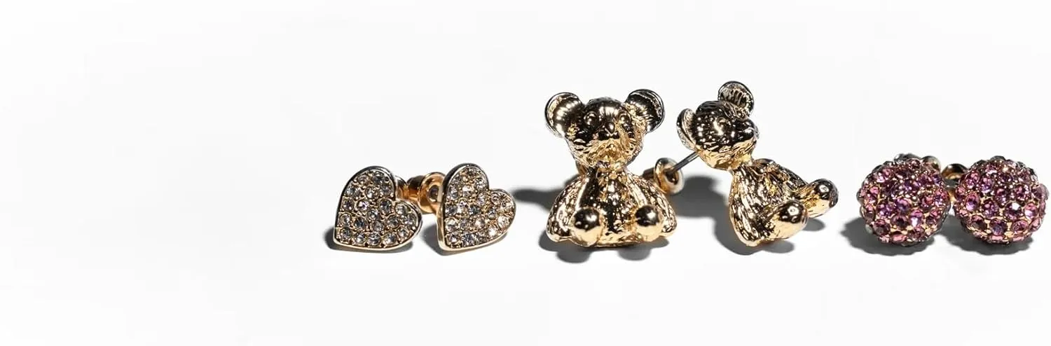 Charming Charlie 3 Pairs of Gold-Plated Stud Earrings for Women - Exude Charisma with Gold Teddy Bear, Moissanite Heart, and Rose Quartz Ball Studs. Elevate Your Elegance.