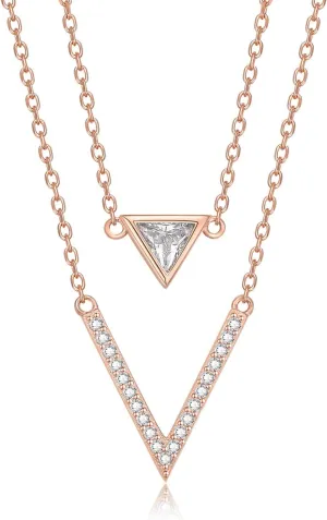Chevron and Triangle Layered Necklace Rose Gold-V Shape Pendant Necklace for Women-Triangle CZ Crystal Necklace-Chevron Necklace-Jewelry Gifts for Her