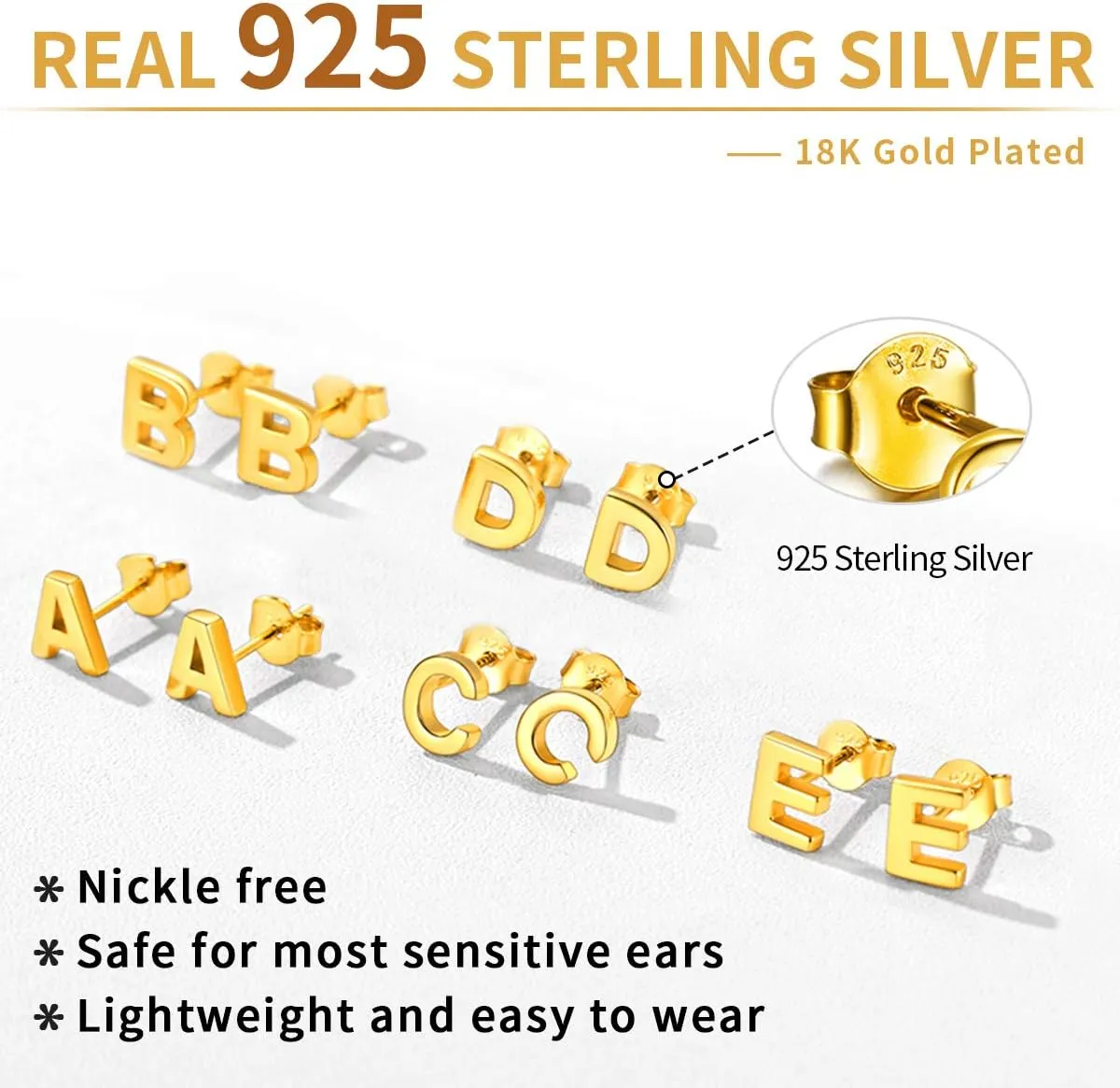 ChicSilver Hypoallergenic 925 Sterling Silver Stud Earrings Simple Tiny Initial Letter A-Z Studs for Women Sensitive Ears (with Gift Box)