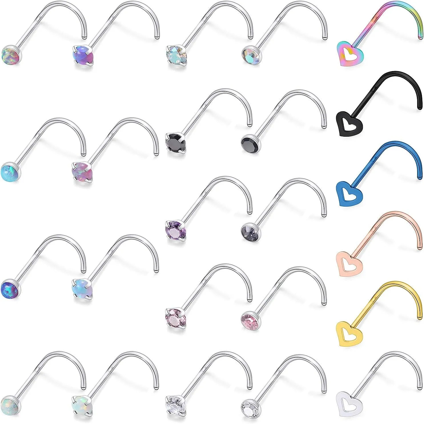 Cisyozi 18G 20G Hypoallergenic Nose Rings Studs Surgical Steel Opal Heart Star Nose Stud Cubic Zirconia Nose Piercing Jewelry for Women Men Straight L Shaped Screw Style