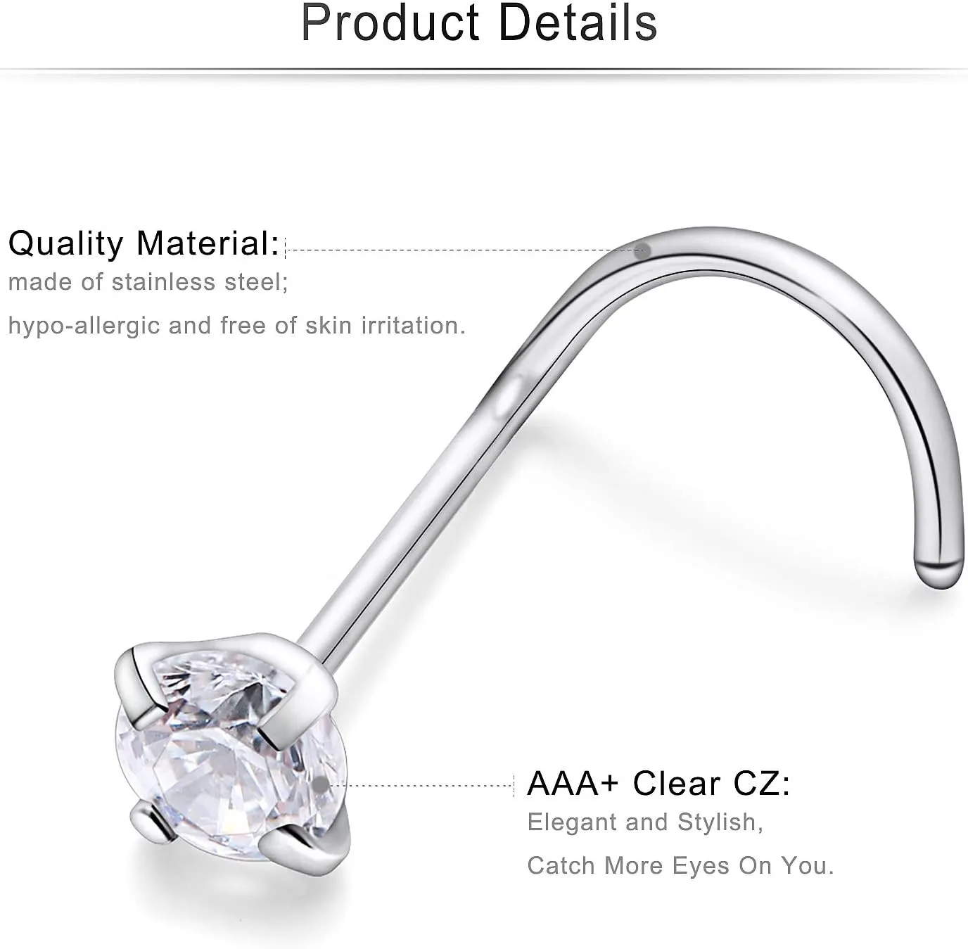 Cisyozi 18G 20G Hypoallergenic Nose Rings Studs Surgical Steel Opal Heart Star Nose Stud Cubic Zirconia Nose Piercing Jewelry for Women Men Straight L Shaped Screw Style