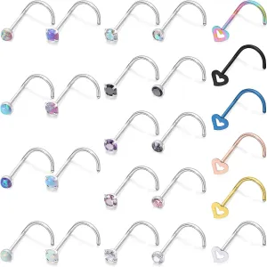Cisyozi 18G 20G Hypoallergenic Nose Rings Studs Surgical Steel Opal Heart Star Nose Stud Cubic Zirconia Nose Piercing Jewelry for Women Men Straight L Shaped Screw Style