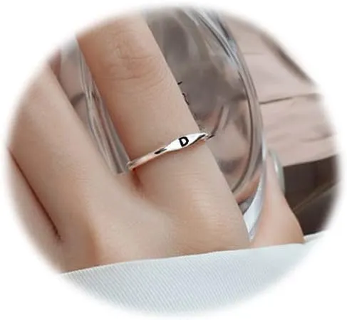 CJIAYUJEW Thin Stacking Initial Ring for Women Open Adjustable Alphabet Ring Stackable Silver Capital Letter Ring (D)
