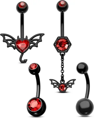COCHARM Halloween Button Rings 4PCS 14G Black Belly Ring for Women Dangle Piercing Jewelry 316L Stainless Steel