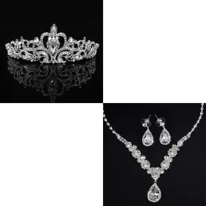 COCIDE 4Pcs Silver Jewelry Set for Women Crystal Tiara and Necklace Kit for Girls Rhinestone Crown Earrings Neck Accessories for Bride Wedding Birthday Party Bridal Prom Bridesmaid Dress up