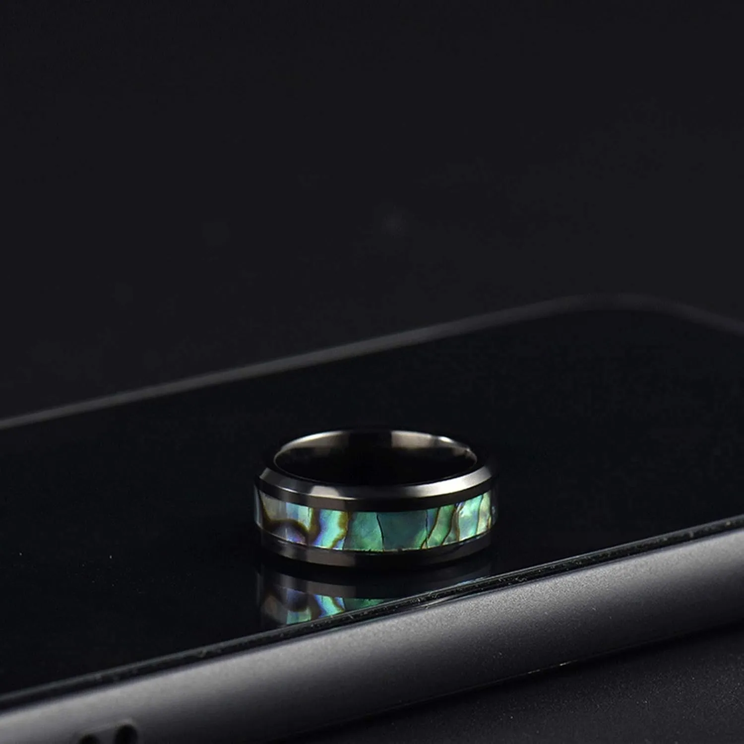 Couple Matching Rings, Couples Rings Stainless Steel 8mm Black Inlay Colorful Shell Birthday Gifts Rings Size 6-12
