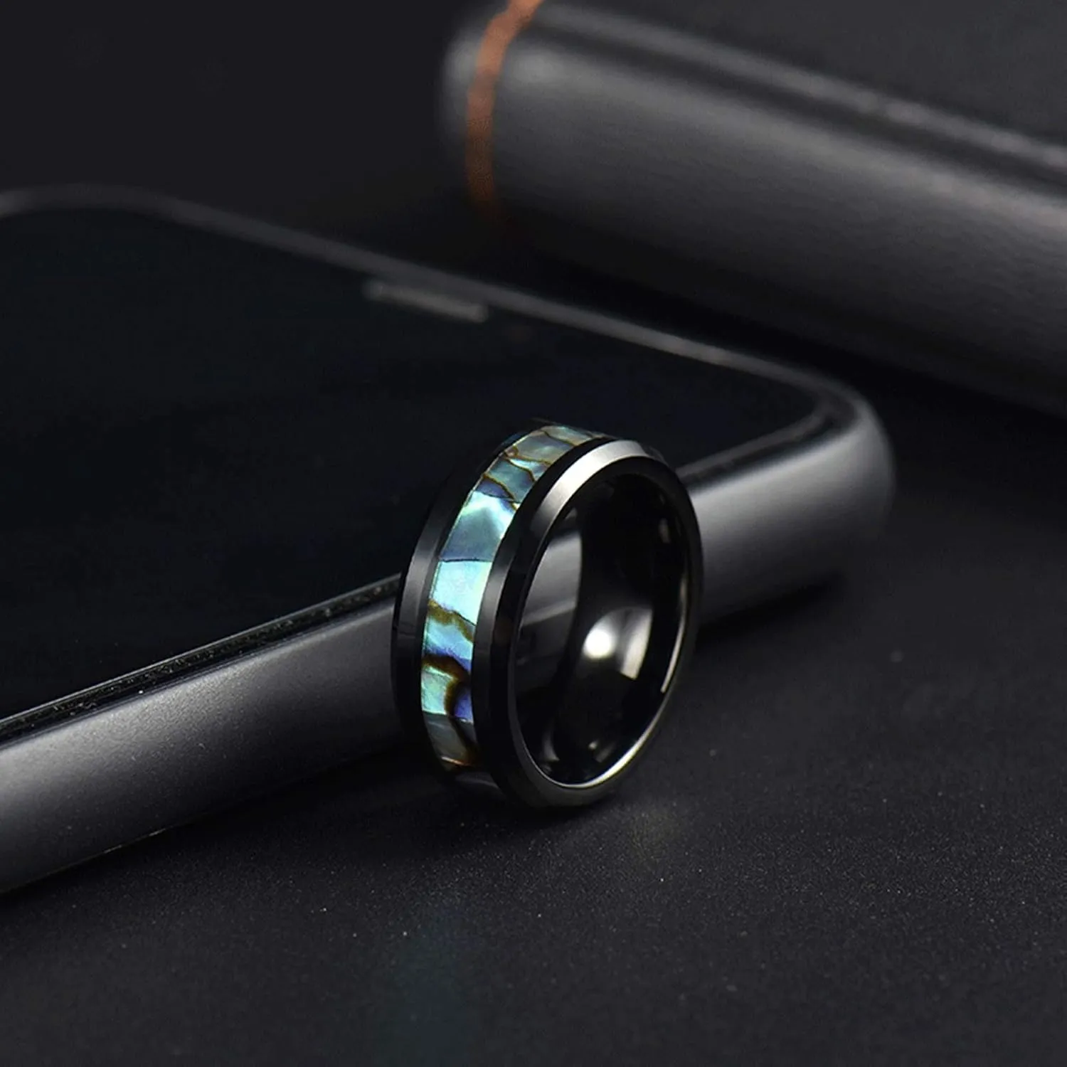 Couple Matching Rings, Couples Rings Stainless Steel 8mm Black Inlay Colorful Shell Birthday Gifts Rings Size 6-12