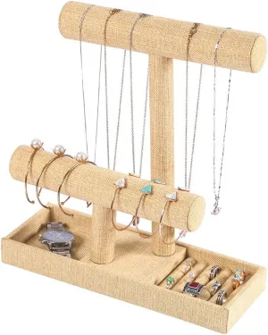 Coward 2 Tier Necklace Bracelet Holder Organizer With ring Tray, Linen Jewelry Display Stand for Watch Scrunchie Lipstick, Perfumes,Nail polish (Yellow Linen)