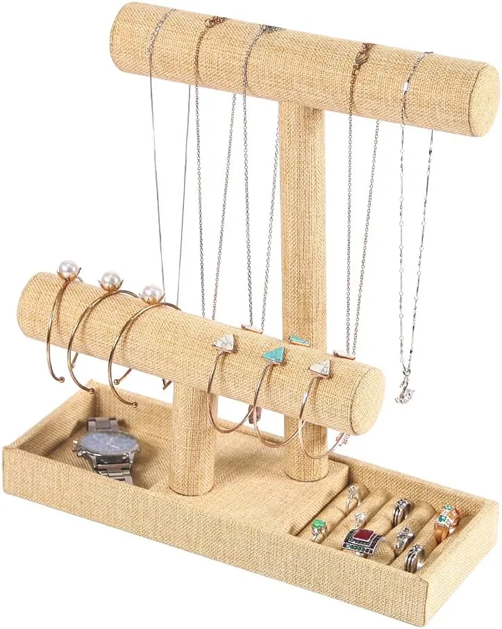 Coward 2 Tier Necklace Bracelet Holder Organizer With ring Tray, Linen Jewelry Display Stand for Watch Scrunchie Lipstick, Perfumes,Nail polish (Yellow Linen)