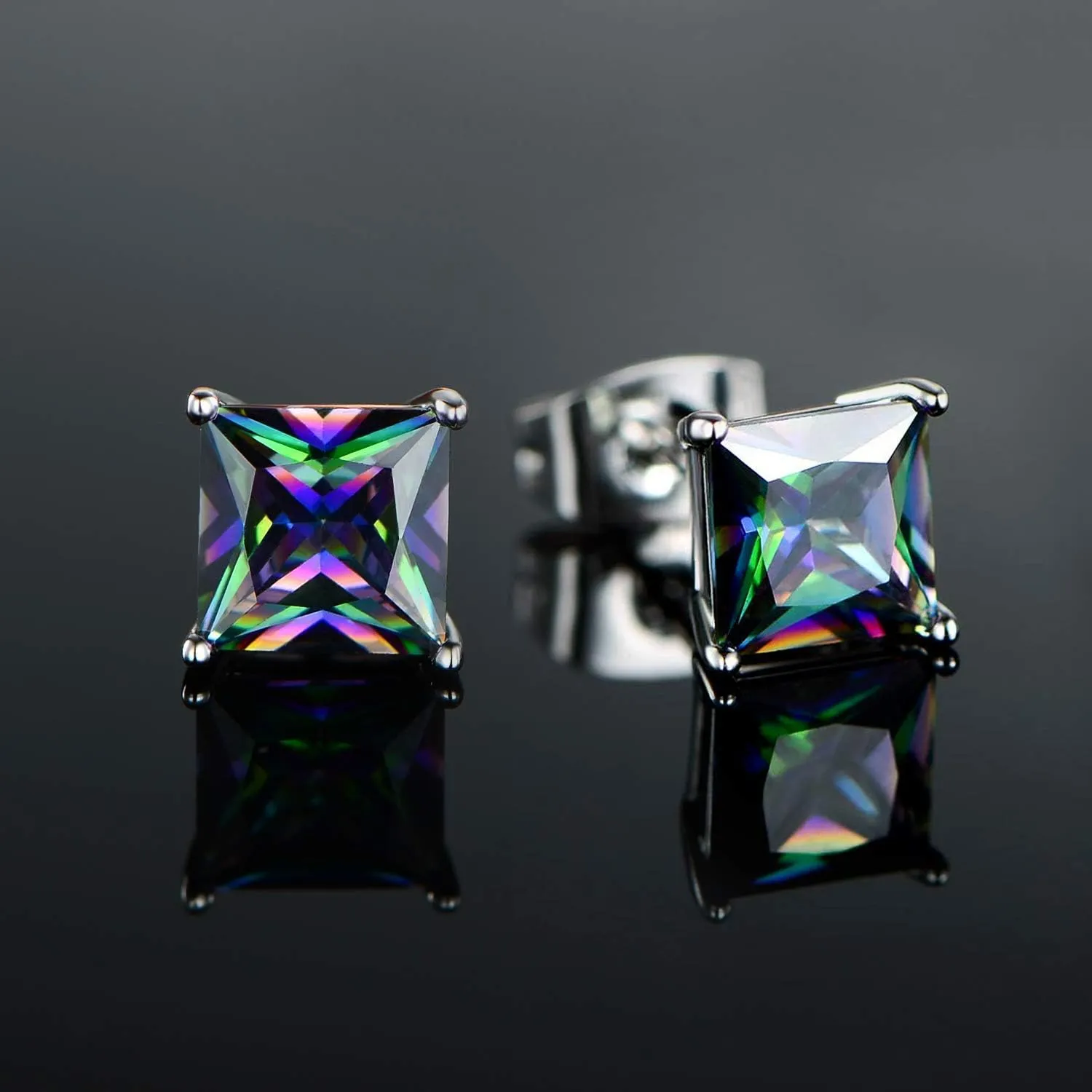 Created Rainbow Quartz Stud Earrings for Women Men 18K White Gold Plated Round/Square CZ Earrings Hypoallergenic Jewelry Gift