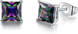 Created Rainbow Quartz Stud Earrings for Women Men 18K White Gold Plated Round/Square CZ Earrings Hypoallergenic Jewelry Gift