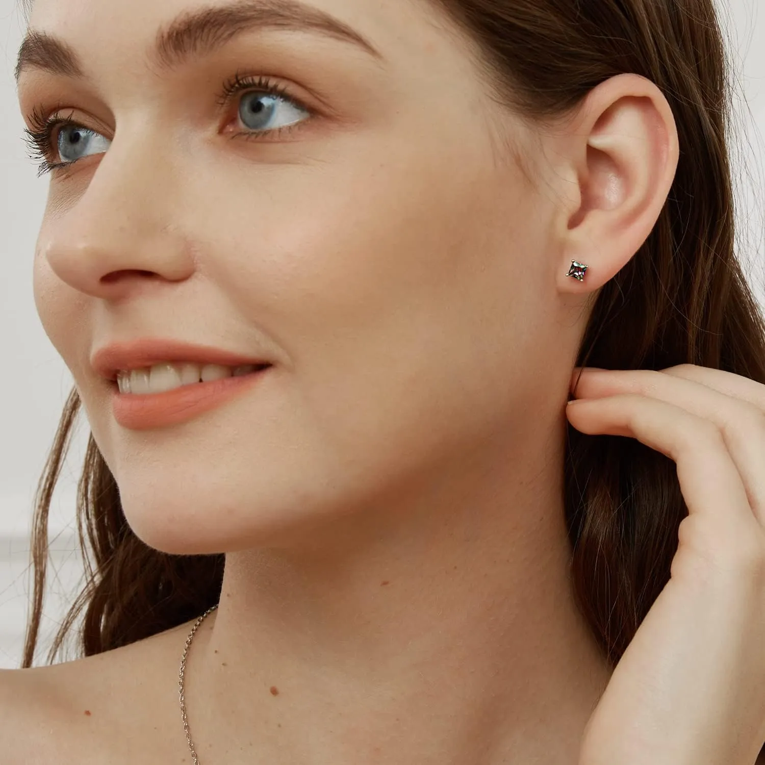 Created Rainbow Quartz Stud Earrings for Women Men 18K White Gold Plated Round/Square CZ Earrings Hypoallergenic Jewelry Gift