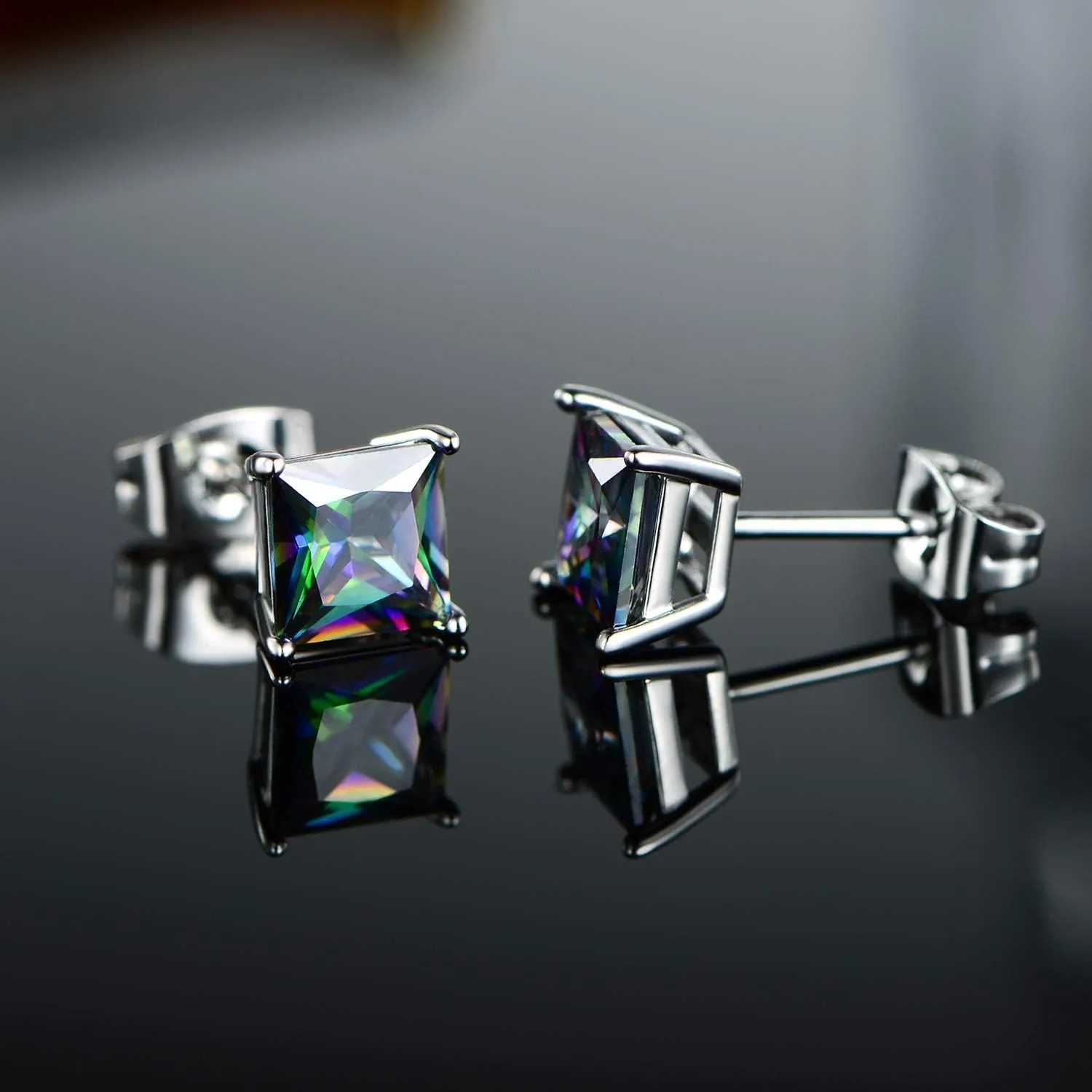 Created Rainbow Quartz Stud Earrings for Women Men 18K White Gold Plated Round/Square CZ Earrings Hypoallergenic Jewelry Gift