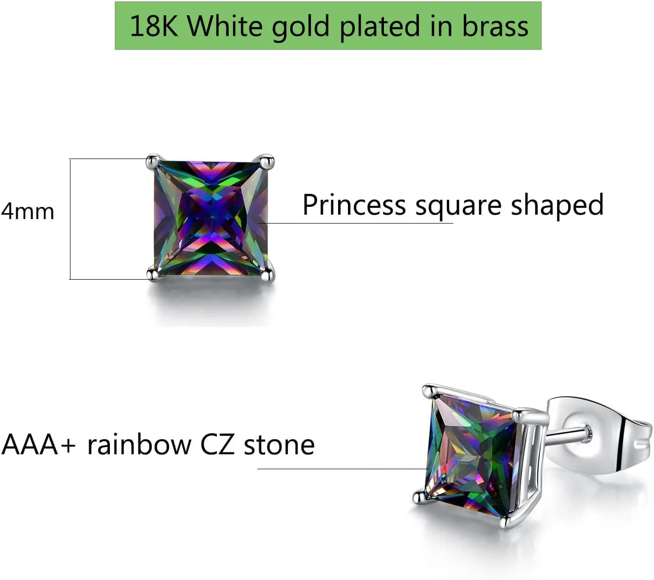 Created Rainbow Quartz Stud Earrings for Women Men 18K White Gold Plated Round/Square CZ Earrings Hypoallergenic Jewelry Gift