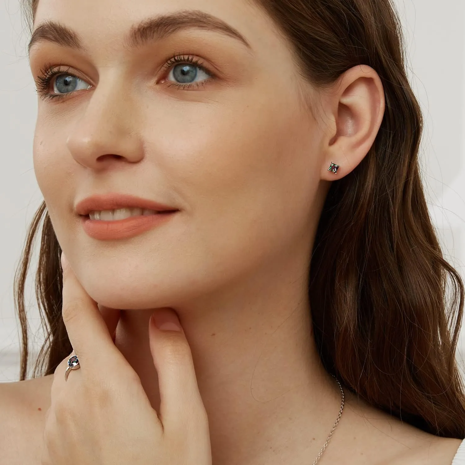 Created Rainbow Quartz Stud Earrings for Women Men 18K White Gold Plated Round/Square CZ Earrings Hypoallergenic Jewelry Gift