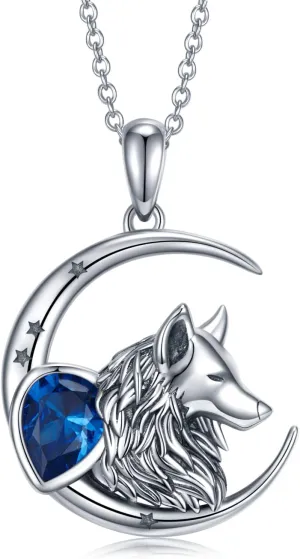 Crescent Moon Star Necklace for Women,925 Sterling Silver Created Blue Cubic Zirconia Wolf Pendant Necklaces,Animal Wolf Jewelry Gifts for Women