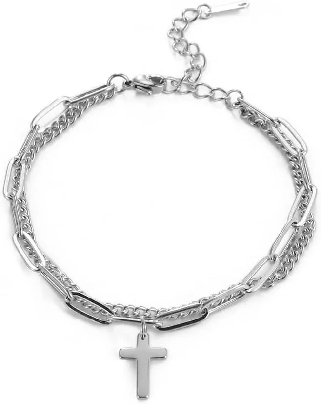 Cross Prayer Dual Strands Chain Link Bracelets for Women Christmas Birthday Friendship Wristband