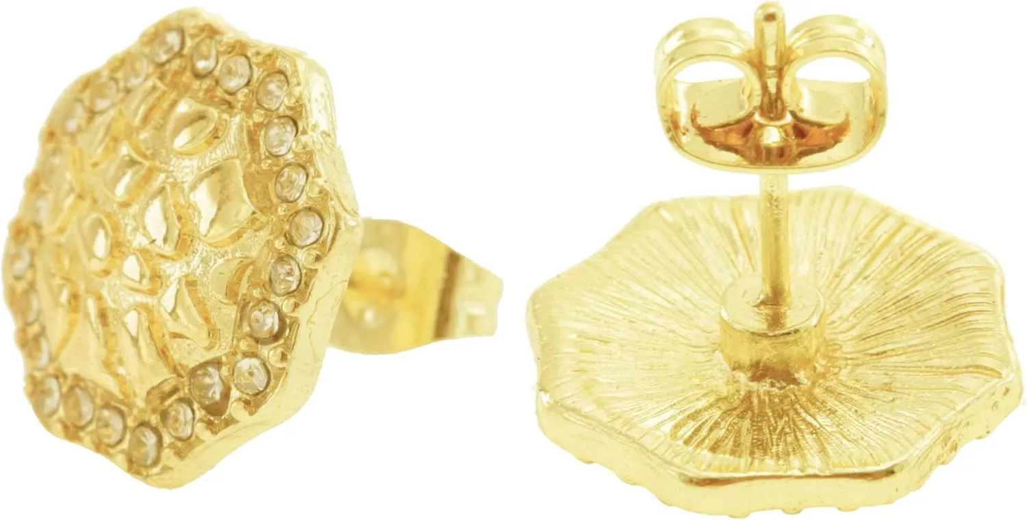 Cubic Zirconia Stud Earrings, Gold Nugget Earrings for Men, Cookie Nugget Earring, Gold-Plated Stud, 14K Gold-Plated Round Rough Textured Studs Earring for Women and Unisex