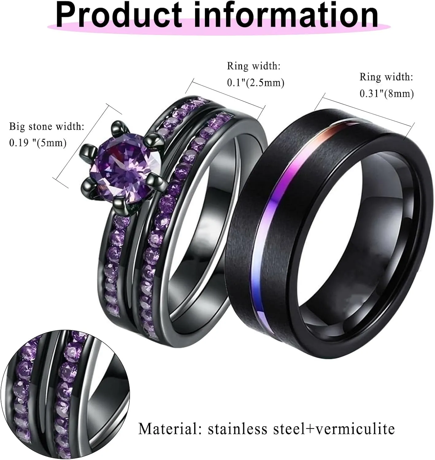 Cupimatch Promise Rings for Couples Matching Wedding Bands for Couples Cubic Zirconia Stainless Steel 2 Stack Wear Various Valentine's Day Gift