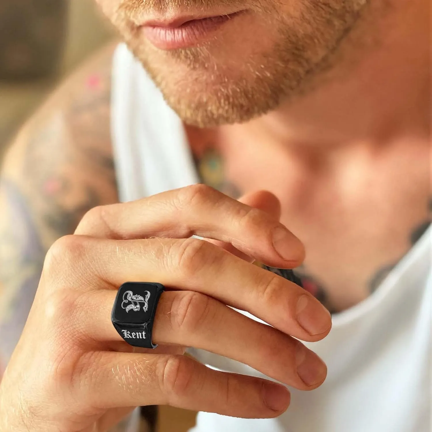 Custom Signet Ring for Men Personalized Initial Ring with Letter Custom Mens Rings Customized Memorial Gifts for Father Husband Boyfriend Friend