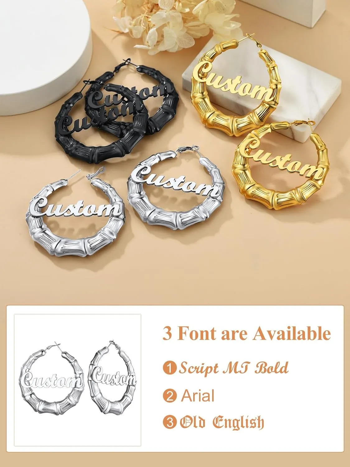 Custom4U Bamboo Hoop Earrings for Women Gold/Silver/Black Large Name Earrings Personalized - Hypoallergenic Lightweight Big Thick Hoops 30/40/50/60/70/80mm - Custom Made Birthday Christmas Gifts