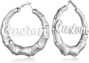 Custom4U Bamboo Hoop Earrings for Women Gold/Silver/Black Large Name Earrings Personalized - Hypoallergenic Lightweight Big Thick Hoops 30/40/50/60/70/80mm - Custom Made Birthday Christmas Gifts