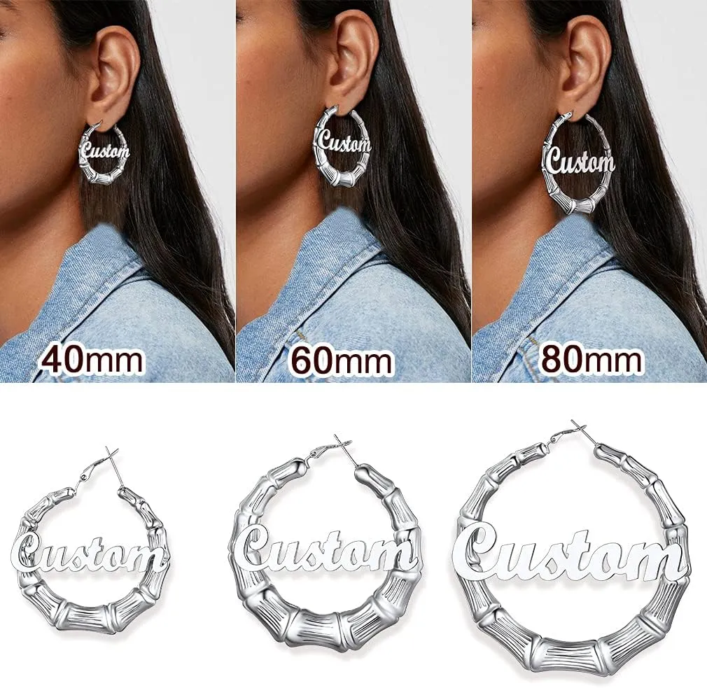 Custom4U Bamboo Hoop Earrings for Women Gold/Silver/Black Large Name Earrings Personalized - Hypoallergenic Lightweight Big Thick Hoops 30/40/50/60/70/80mm - Custom Made Birthday Christmas Gifts