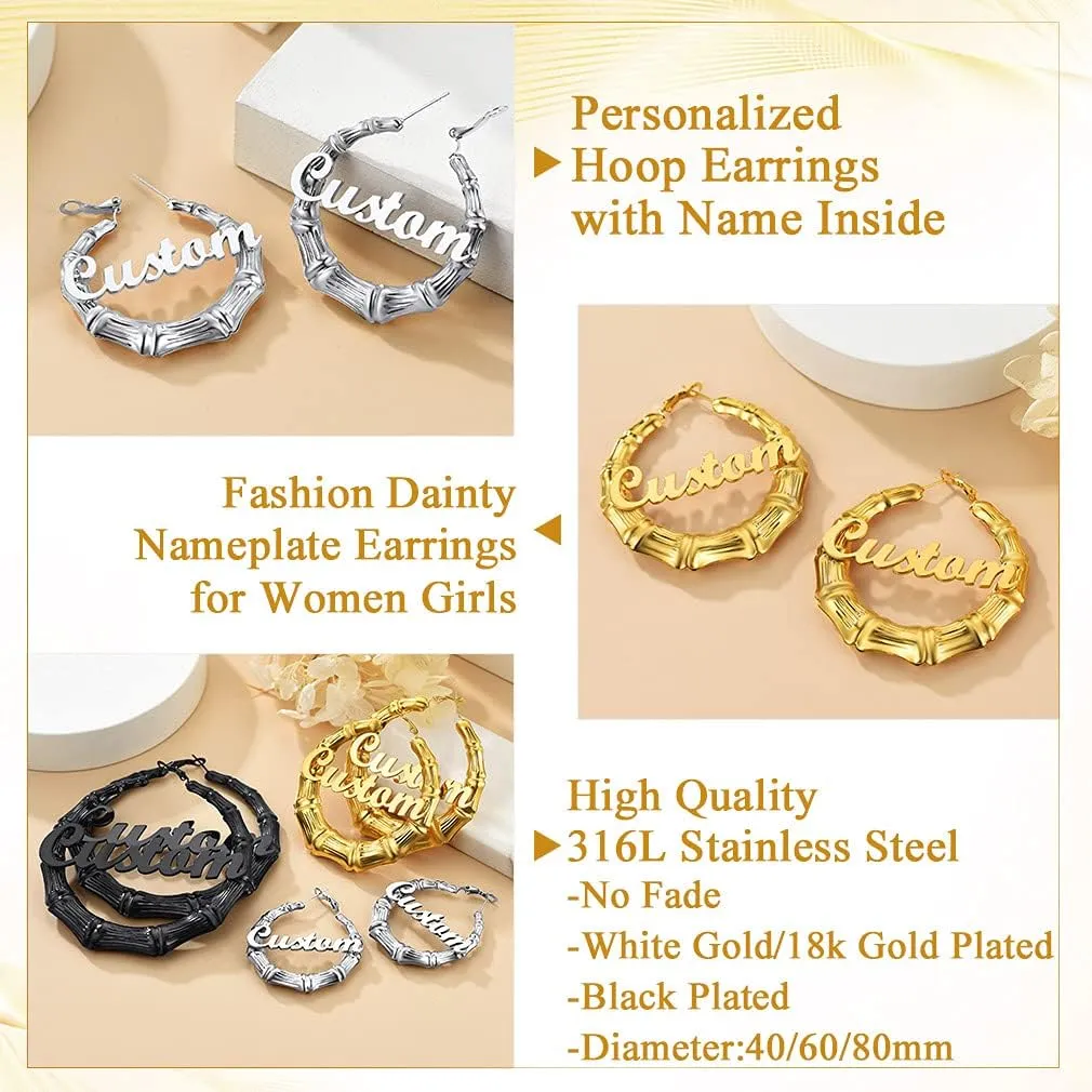 Custom4U Bamboo Hoop Earrings for Women Gold/Silver/Black Large Name Earrings Personalized - Hypoallergenic Lightweight Big Thick Hoops 30/40/50/60/70/80mm - Custom Made Birthday Christmas Gifts
