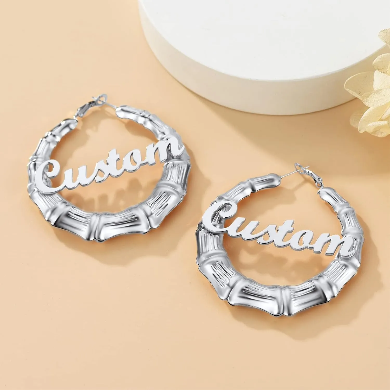 Custom4U Bamboo Hoop Earrings for Women Gold/Silver/Black Large Name Earrings Personalized - Hypoallergenic Lightweight Big Thick Hoops 30/40/50/60/70/80mm - Custom Made Birthday Christmas Gifts