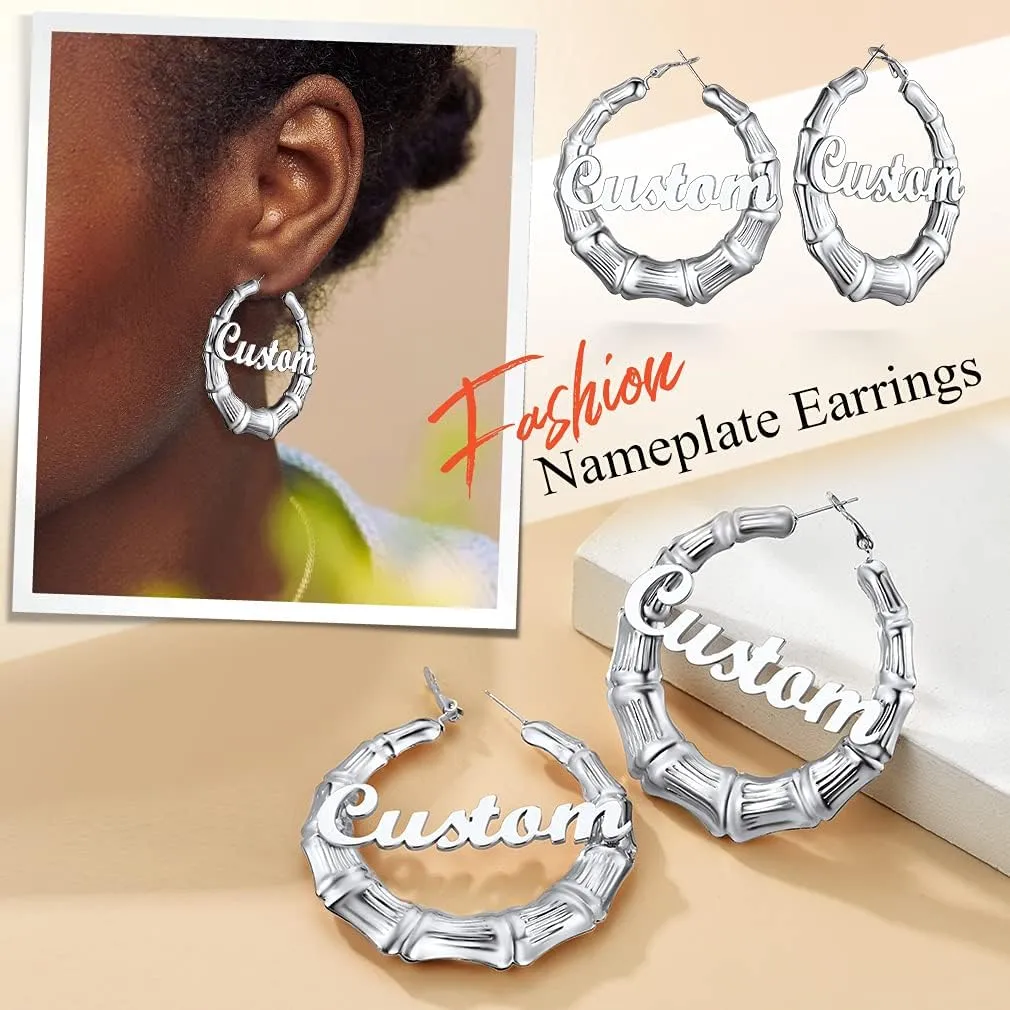 Custom4U Bamboo Hoop Earrings for Women Gold/Silver/Black Large Name Earrings Personalized - Hypoallergenic Lightweight Big Thick Hoops 30/40/50/60/70/80mm - Custom Made Birthday Christmas Gifts