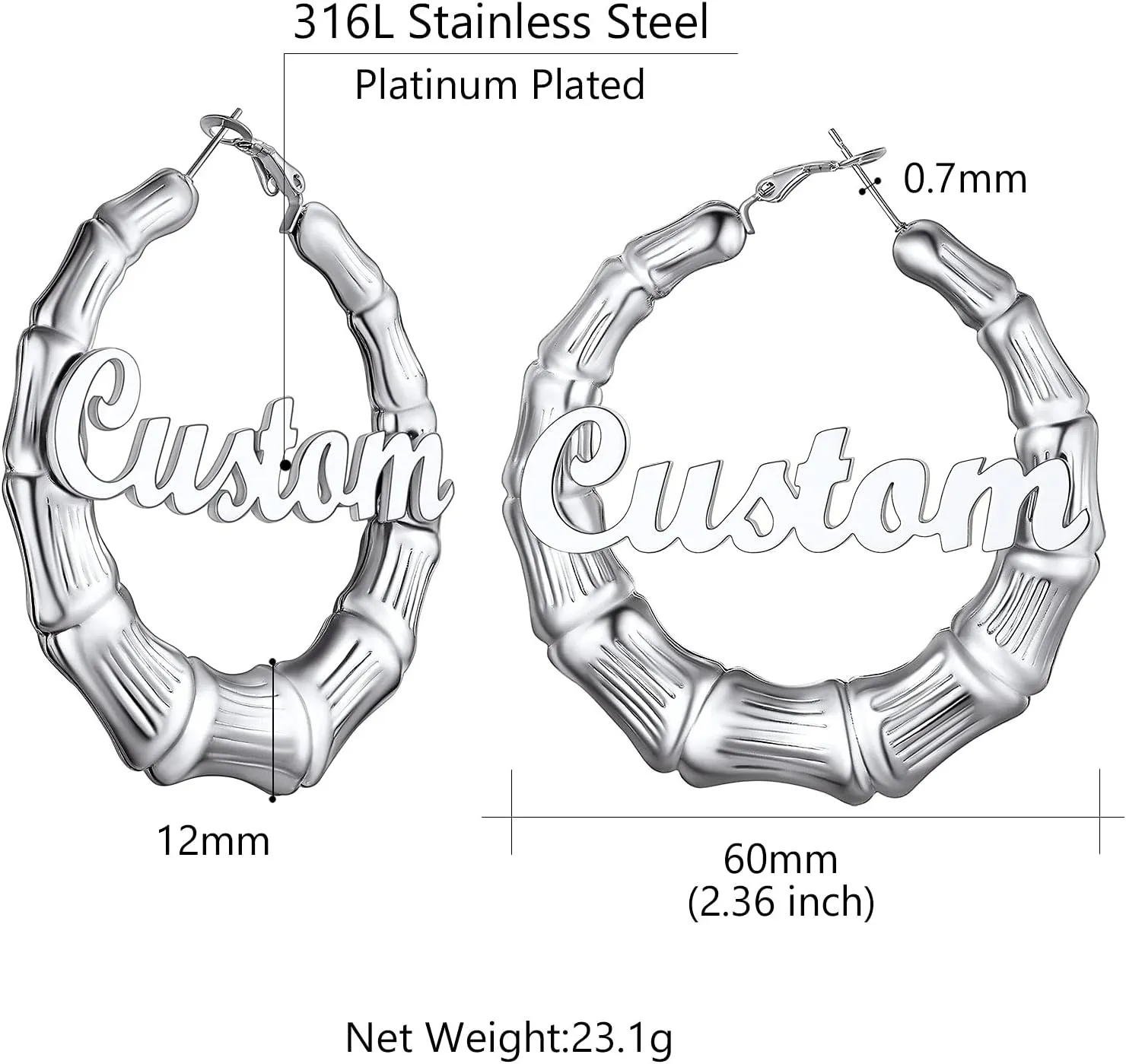 Custom4U Bamboo Hoop Earrings for Women Gold/Silver/Black Large Name Earrings Personalized - Hypoallergenic Lightweight Big Thick Hoops 30/40/50/60/70/80mm - Custom Made Birthday Christmas Gifts