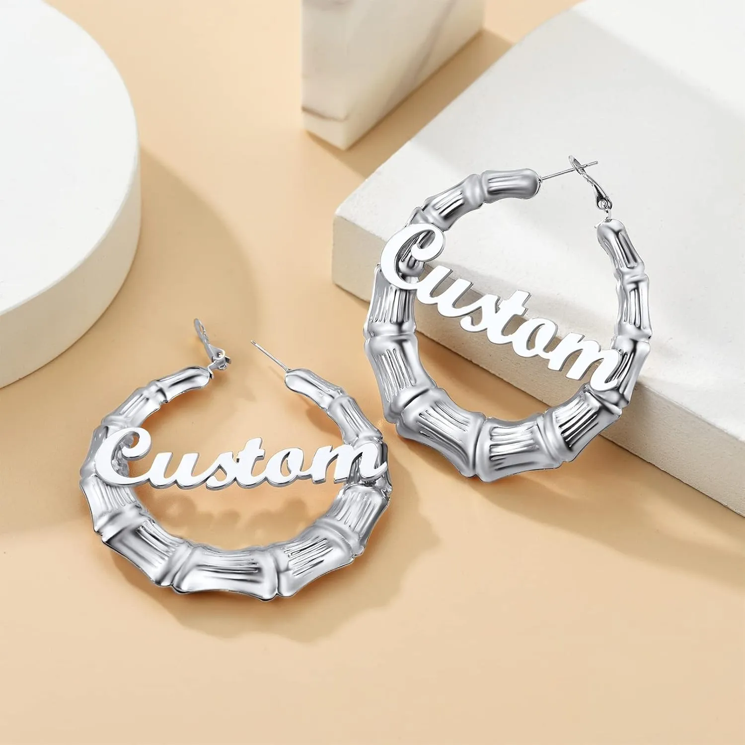Custom4U Bamboo Hoop Earrings for Women Gold/Silver/Black Large Name Earrings Personalized - Hypoallergenic Lightweight Big Thick Hoops 30/40/50/60/70/80mm - Custom Made Birthday Christmas Gifts