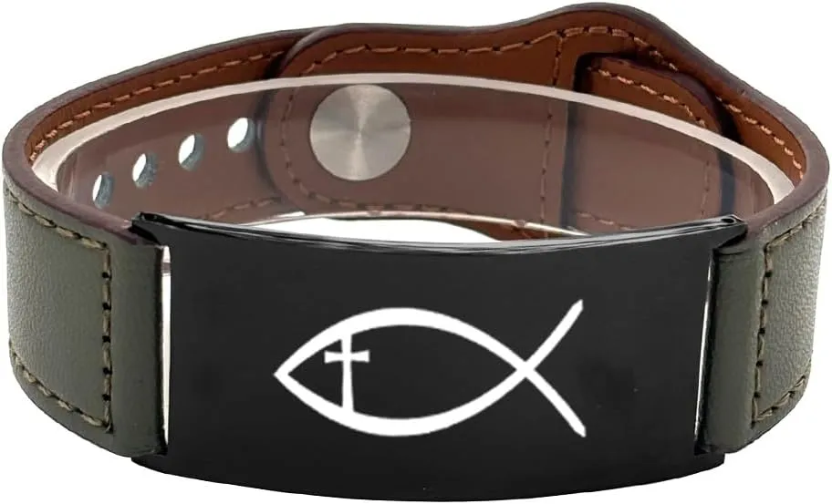 Customize Christian Fish Jesus Fish Cross Leather Bracelets Id Stainless Steel Adjustable Bracelets Bible Verse Quote Faith Religious Men Women Jewellery Inspirational