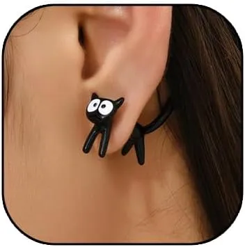 Cute Cats Unique Earrings Front Back Stud Earrings for Women.Black Cat Screw on Back Earrings for Women Animal Jewerly Gift Earring (A)