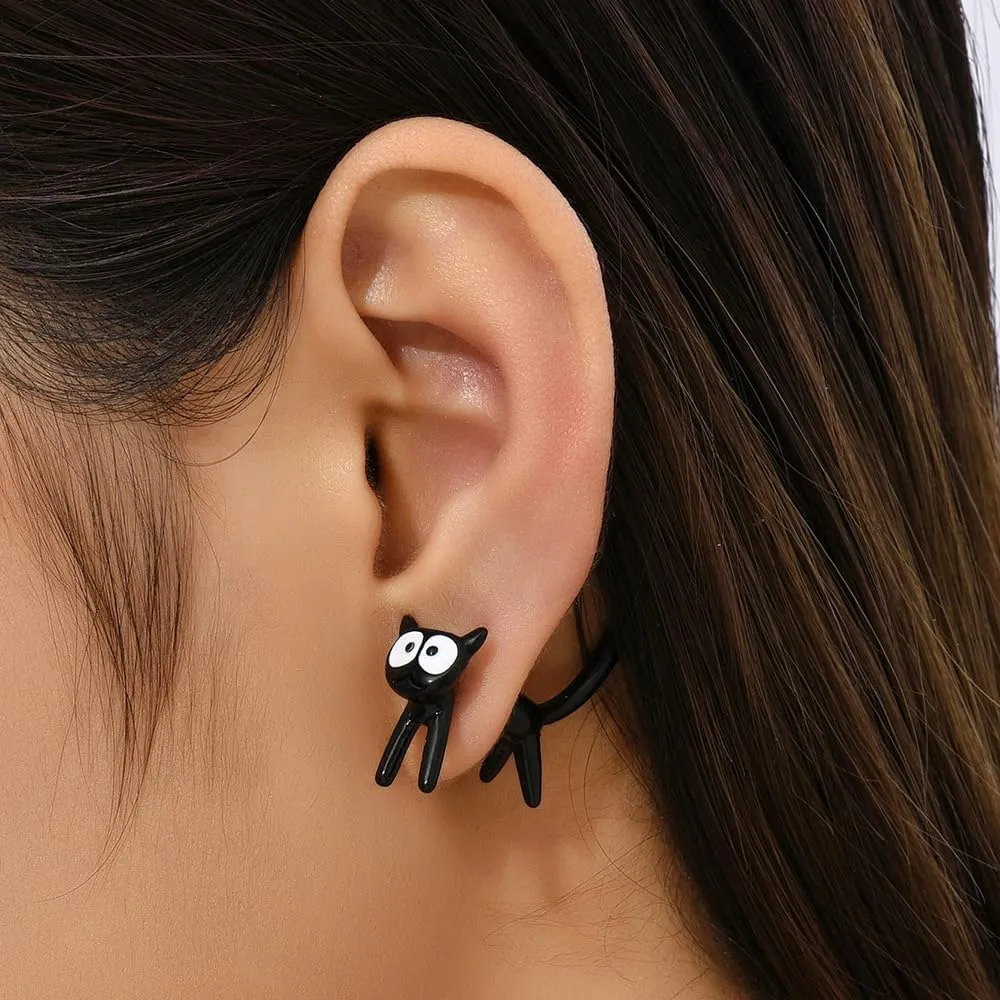 Cute Cats Unique Earrings Front Back Stud Earrings for Women.Black Cat Screw on Back Earrings for Women Animal Jewerly Gift Earring (A)
